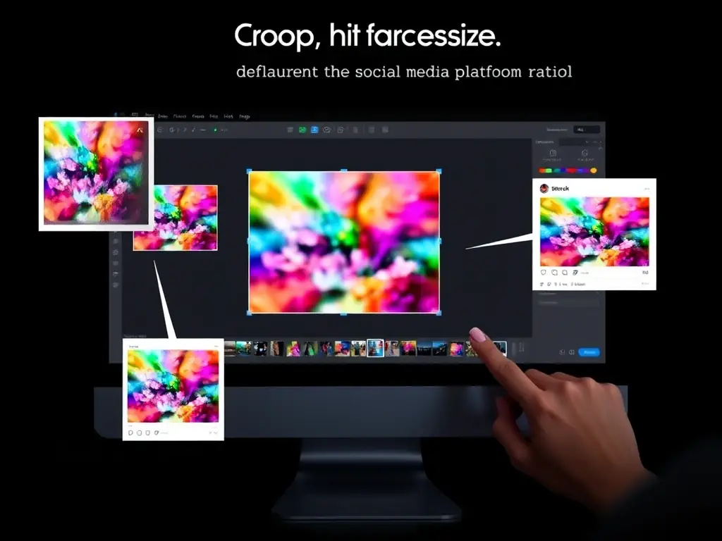 A demonstration of IStock's cropping and resizing tools, showing a user adjusting the aspect ratio of an image to fit different social media platforms, highlighting the versatility of the editing tools.